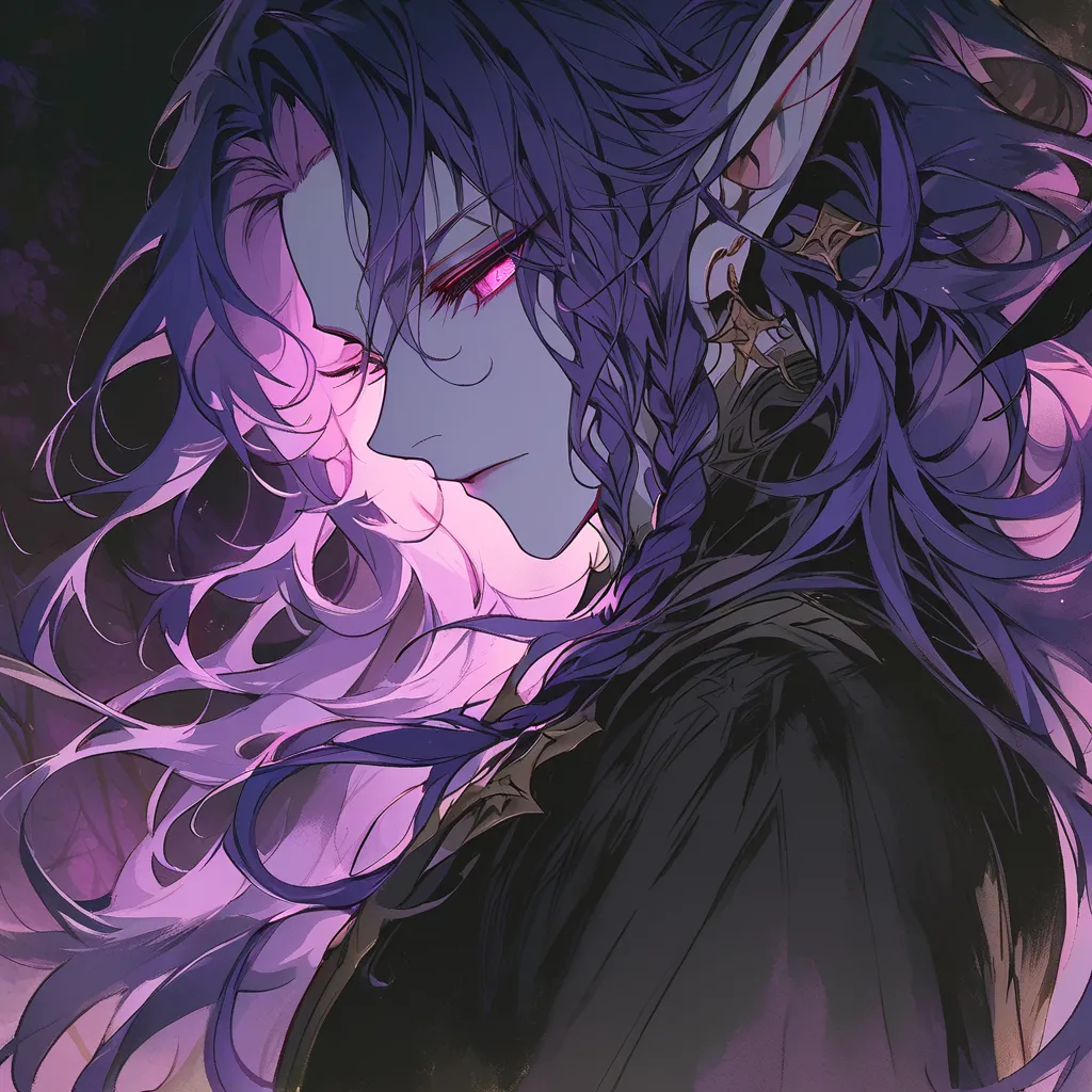 masterpiece, best quality, solo, handsome, 1 male, dark warrior clothing, purple hair, long hair, 1 braid, full bangs, wavy hair, pink eyes, pale skin, pointy ears, elf, 3/4 face angle, 3/4 body angle, serene expression, night setting, dark forest backgrou...