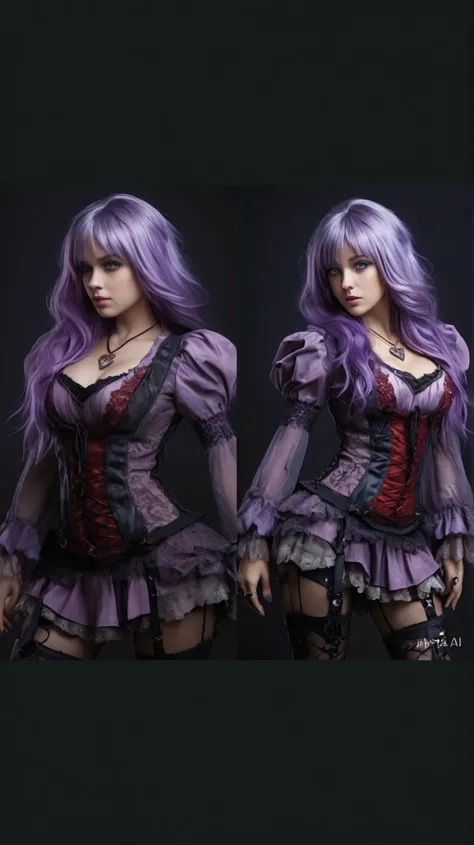 Full-body young human girl, with long light purple hair and bright aquamarine eyes. Plain black background with subtle blue light bouncing off the figure, creating a dramatic lighting effect. She wears a short pirate-style dress, a mix of purple and black,...