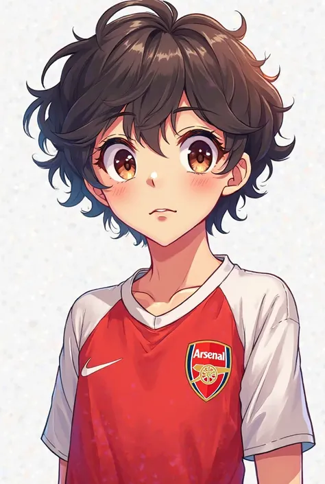 Create an 18-year-old with short curly hair wearing the Arsenal soccer jersey (anime animation) and who only sees his face