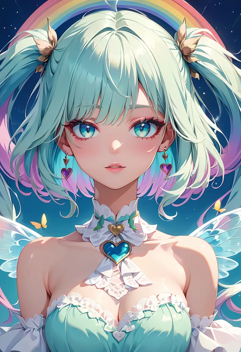 masterpiece, best quality, high quality, detailed, ultra detailed, hyper detailed, insanely detailed, exquisite, beautiful, Full-HD, 16K, highres, absurdres, fairy, a creature, memphis pattern, two side up, aqua hair, white hair, colored inner hair, aqua e...