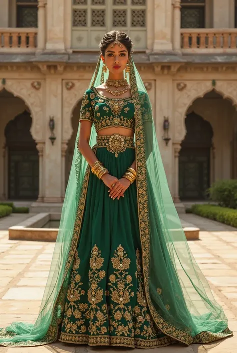 Create a full-body portrait of a majestic royal queen inspired by the Mughal era of India. She stands elegantly in a grand palace courtyard featuring marble arches, carved lattice windows, and Persian-style gardens. She is dressed in a flowing emerald gree...