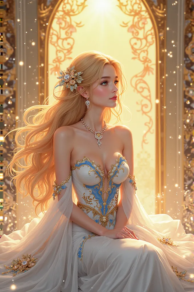 Create an anime picture for me. A golden bronze-haired girl wearing a gorgeous white evening dress, blue patterns mixed with gold, wearing jewelry, a diamond necklace, is sitting on the golden kingdom of heaven.