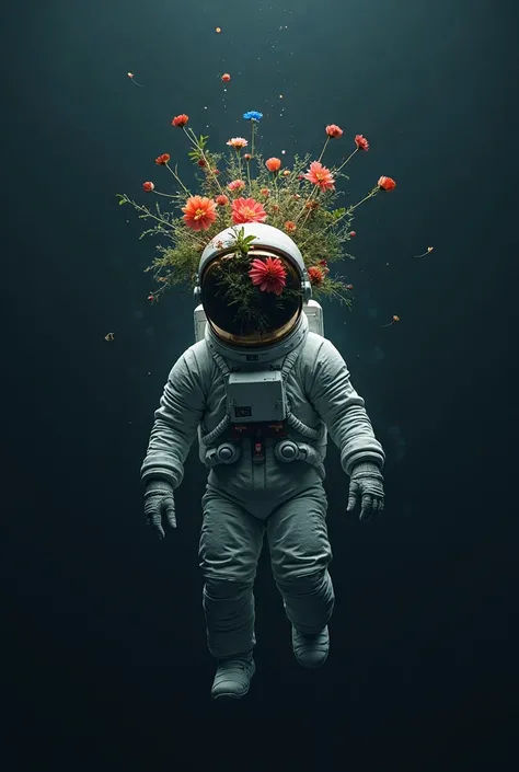 Astronaut with flows growing in his helmet, floating space, dramatically falling ,dark backrund with the astronauts flowers being bright 