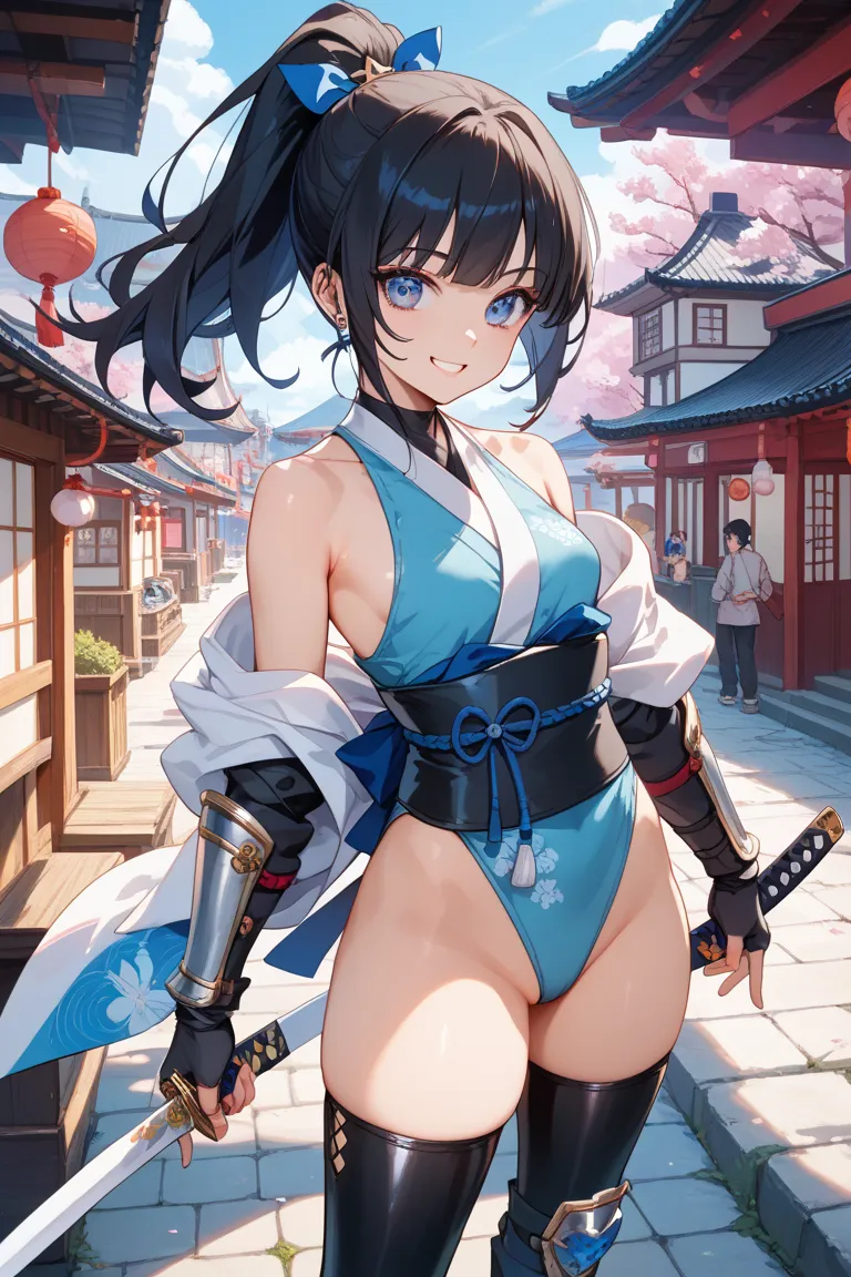 little1 girl. smiling.fullbody+++. very pretty.large eyes.blue white slitted+++ kimono.microminiskirt. bare thighs,ninja++++....holding katana.shin guards,small breast. bare shoulders.gauntlets.black glossy leather thighhighboots,kawaii..****. , .black hai...