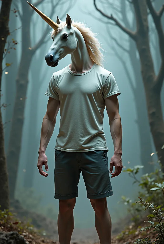 Unicorn with human body wearing sleeved shirt and shorts