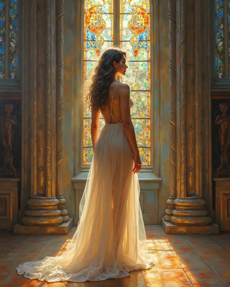 A fine art oil painting of a confident woman with radiant skin, HER BARE BODY standing beneath a Gothic cathedral’s stained-glass window, the colorful light casting an ethereal glow upon her.