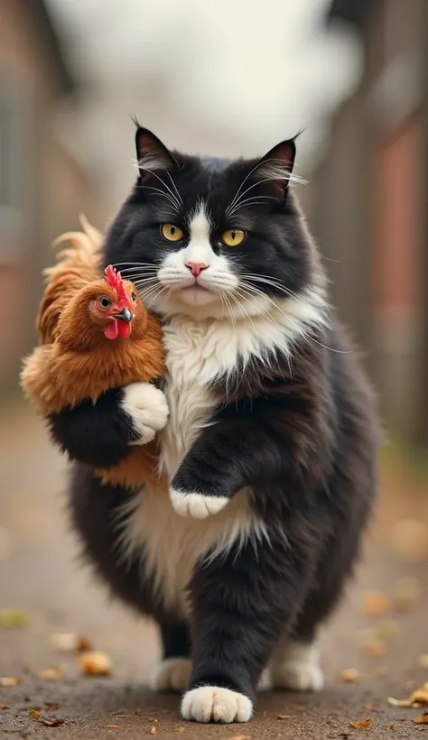 A black-and-white fat cat walking confidently, holding a pet chicken with a small collar. The cat has a proud expression, and the scene is set in a farm environment with a warm atmosphere be saved here.