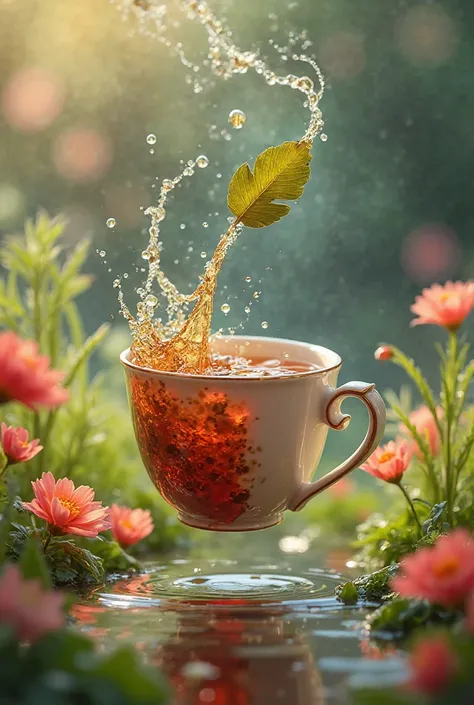 Close up a falling cup of tea between flowers and grass and creates the stream of water rolling a leaf