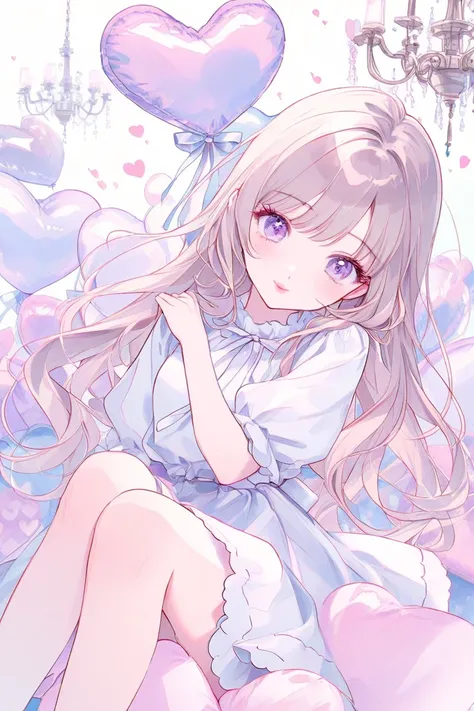 Cute girl、pastel colors、 white、watercolor、1 girl、 cute face 、 cute、Half Body、chandelier、sit、heart cushion、heart balloon、Bronze Hair、 straight long、light purple eyes、droopy eyes、eyelash、 white blouse、skirt、smile、pink cheeks、small lips、pink lips、 from afar、