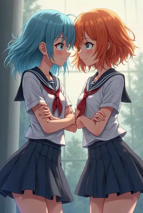 Two girls,First girl:Cold girls,First girl:
Sky blue hair,Slender,School uniform,Orange hair,Tsundere,Arms crossed