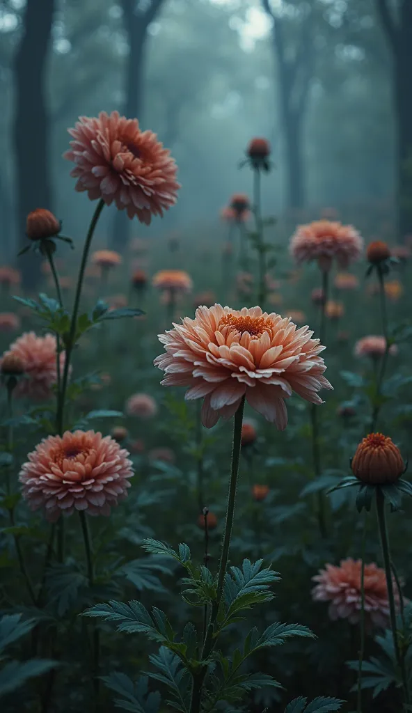 A beautiful, cursed garden filled with flowers that seem to be decaying as they bloom. Petals fall from some flowers, while others seem to bloom eternally in the dark. A faint glow around each flower creates an eerie effect, with a dark, misty forest surro...