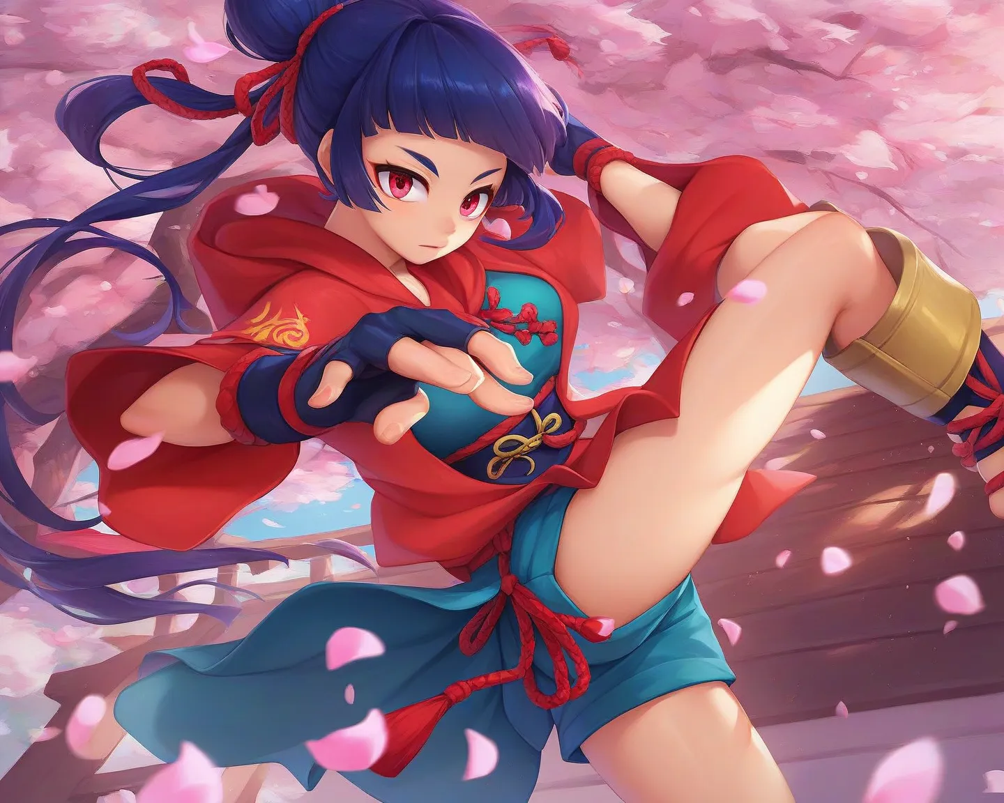 1girl, Bangs, dark blue hair one Hair Bun, a hoodie kunoichi 
Hoodie cherry blossom pattern long sleeve  fingerless gloves skirt and sandals kung fu shorts bow behind her back 