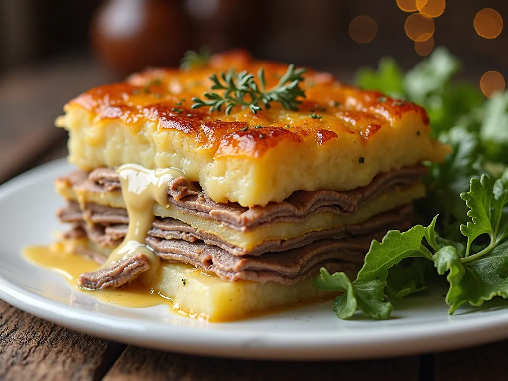 A rich lamb and potato gratin dish, baked with layers of creamy butter and thyme, served with a side of fresh greens, against a blurred dining room setting.