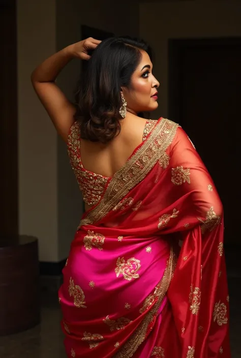 Create a dramatic fashion model photography image with the camera placed directly under the model, pointing upward to capture the model's back and the flowing saree. The model is 50 year old curvy indian a tall, elegant figure with striking features,big th...