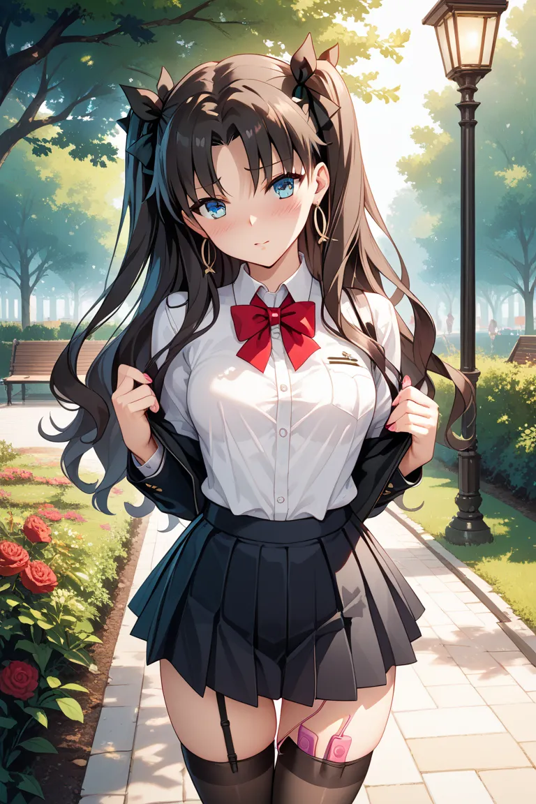 fate ,Rin Tohsaka , shy,  I use a vibrator , Vibrating body, stockings, short skirts,  focuses on raising hips, Park, pink nails, long hair, Blue Eyes