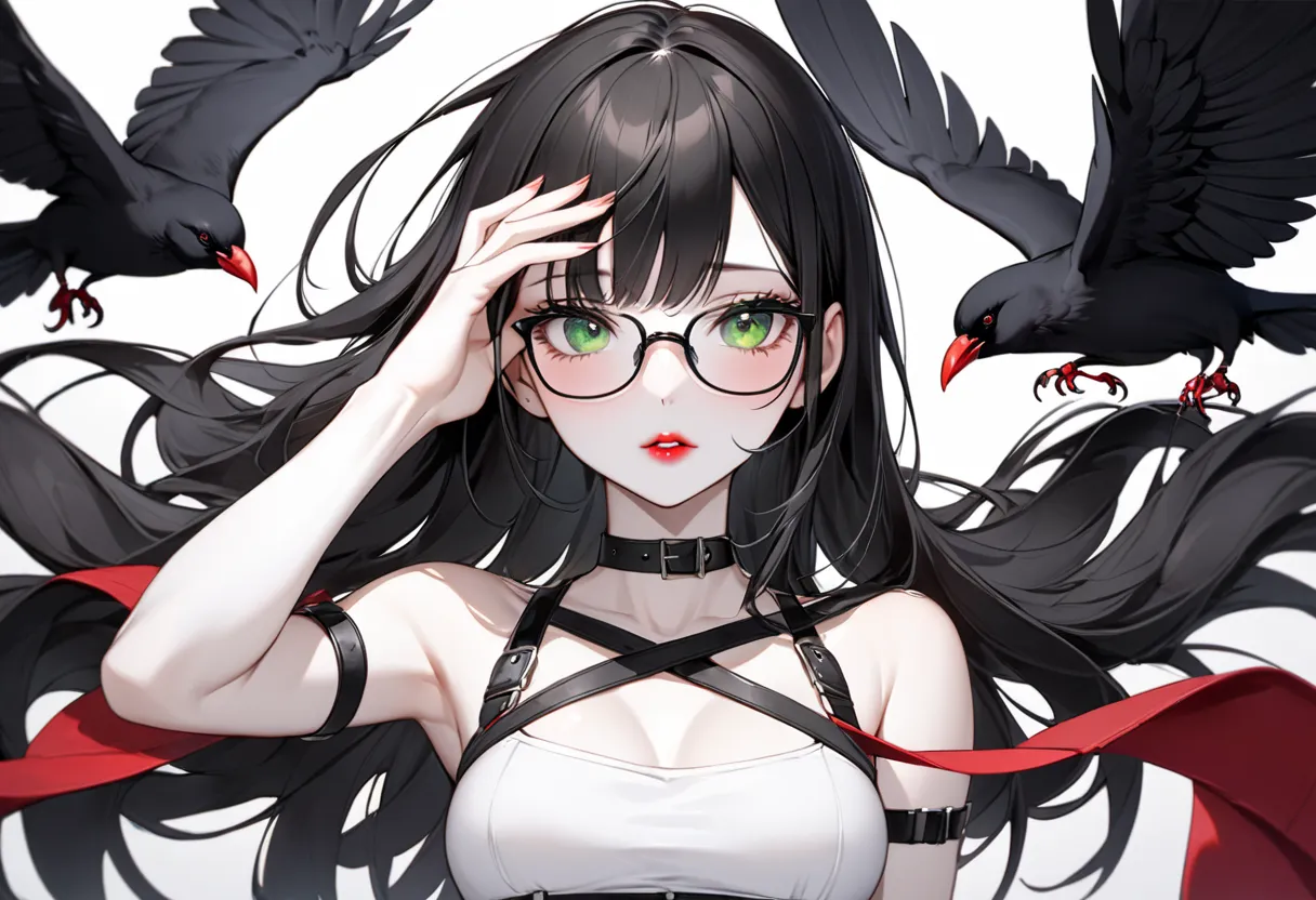 Upper body shot of a beautiful slim korean woman, submissive, shy, white sleeveless crop top with thin straps, string straps, snatched waist, curvy slim body, slim frame, skinny body, black glasses, raven black hair framing her face, green eyes, red lipsti...