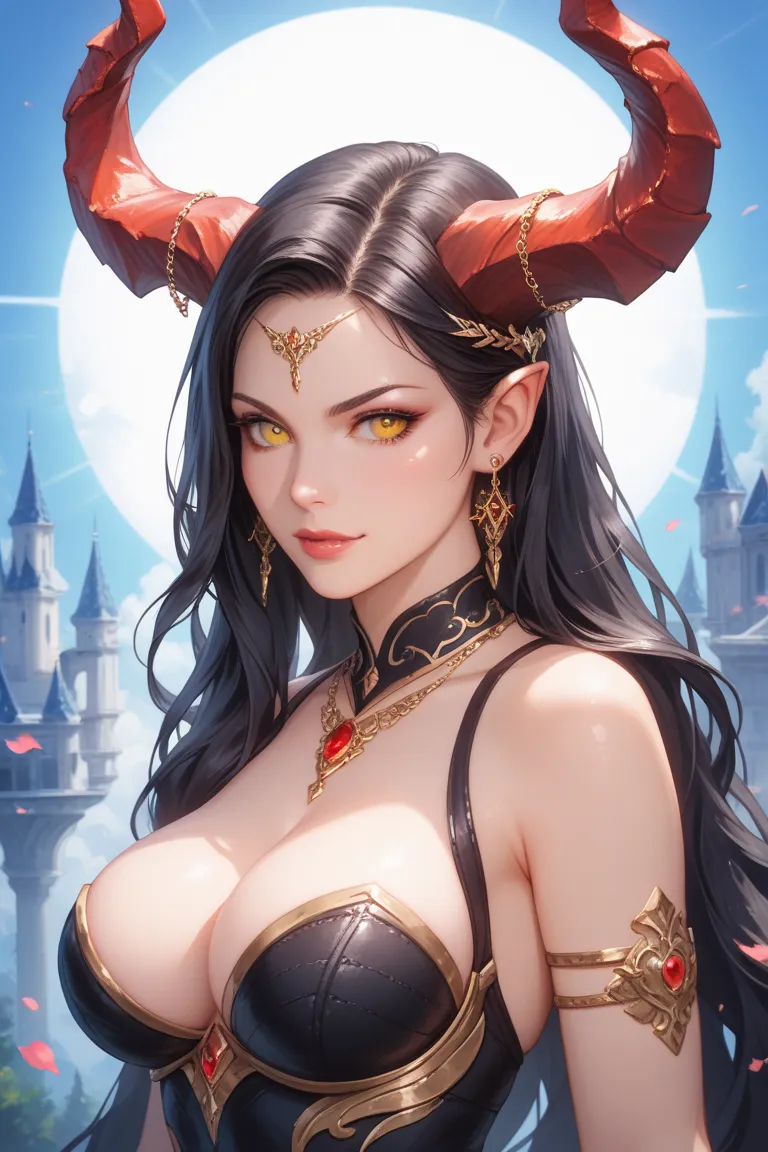 a female demon with large, straight horns that extend from the top  sides of the head. These horns have a smooth yet slightly segmented texture, giving them a natural yet slightly supernatural appearance. They curve upwards and slightly forward, creating a...