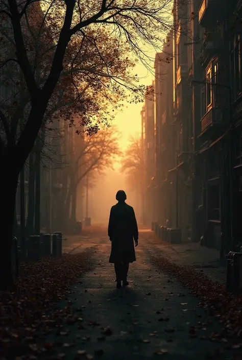 At the end of a deserted street at dusk, In the distance the silhouette of someone moving away. The wind blows softly, raising dry leaves along the path, symbolizing the end of something
