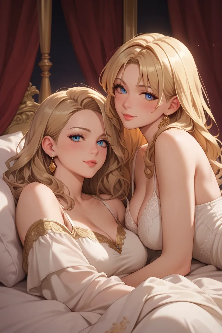 ((((high quality,masterpiece,anatomically correct, 最high quality, detailed face,)))), 2 women,long hair,  Gold, Tall Length,sling, is sleeping,blush,bed in room d,anime,