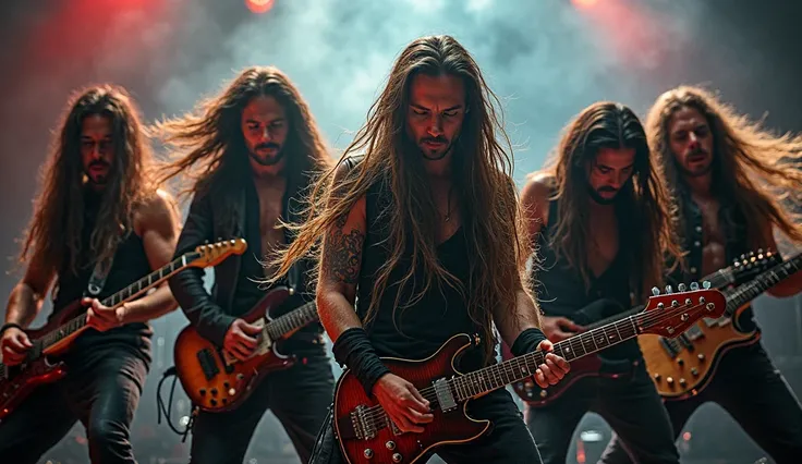 5 long haired rock band on stage