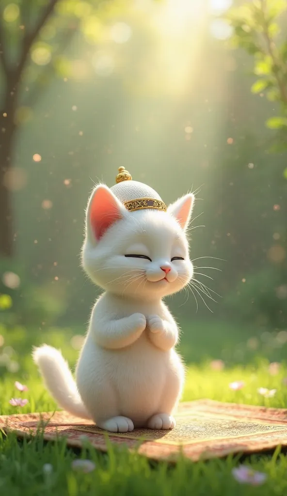 

3D animated"A beautiful white cat wearing a small prayer cap, standing on a prayer mat in a lush green garden, performing Salah (Namaz). The background is filled with glowing light and spiritual energy, creating a peaceful and divine atmosphere."

