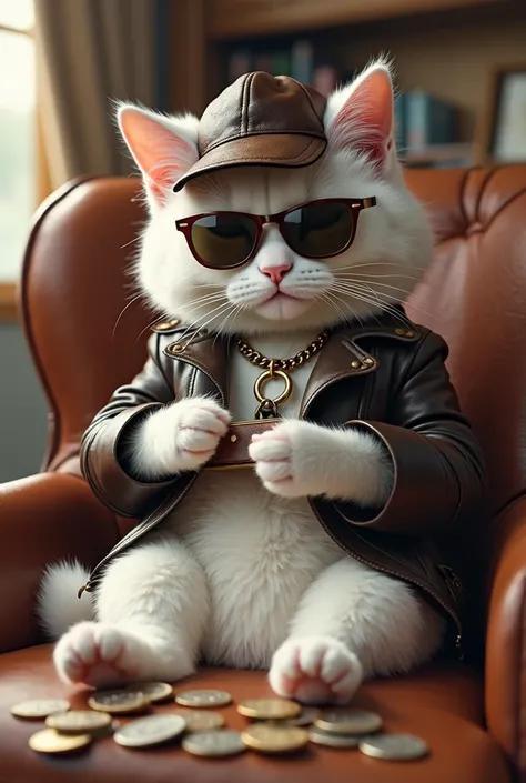 White Cat ,in a leather cap and jacket wearing Rayban, sitting on the chair counting coins, talking on the cell phone.