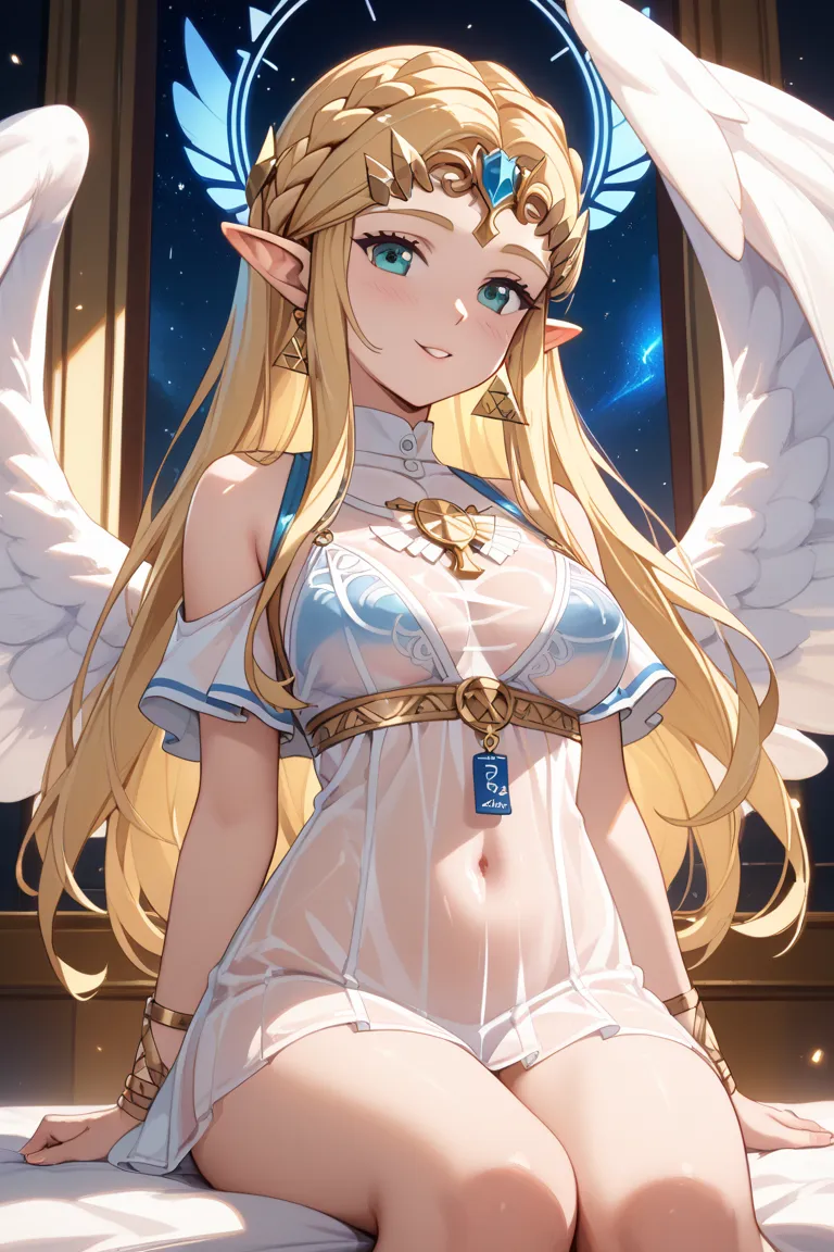  Archangel、 wings on back、 looks young and beautiful 、see-through dress、 sit on the bed、 from below、Alluring、Similar to Princess Zelda、