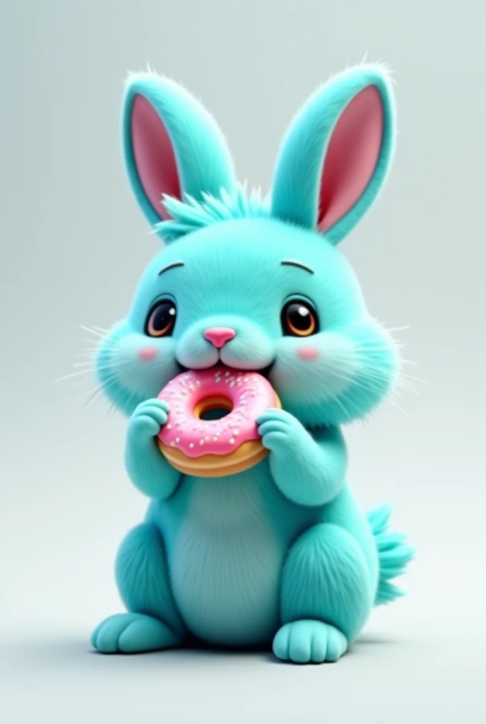 Aqua-colored rabbit eating a donut