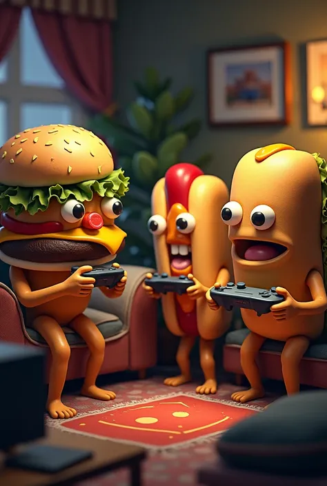  a hamburger , A hot dog and a sandwich playing video games 