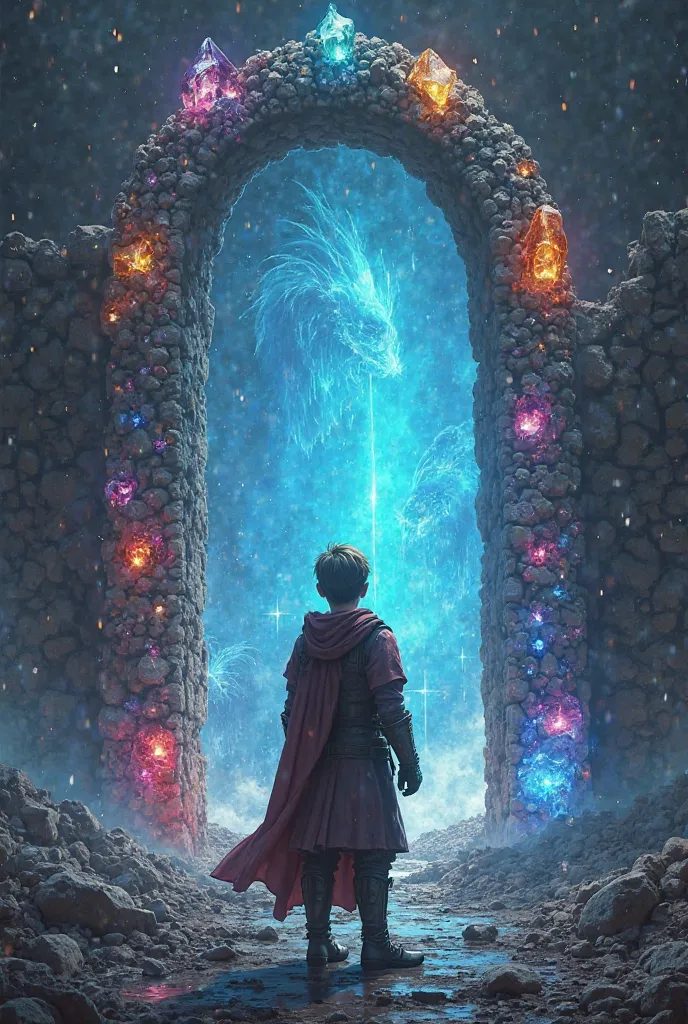 A boy looking to the titans gate that have 9 different colored crystals on the edges. The inside of the gate is shining. Boy wearing a The boy is wearing iron-clad gloves on his hands. Boys outfit is like middle age's war outfit. Boy is like 17-19 years ol...