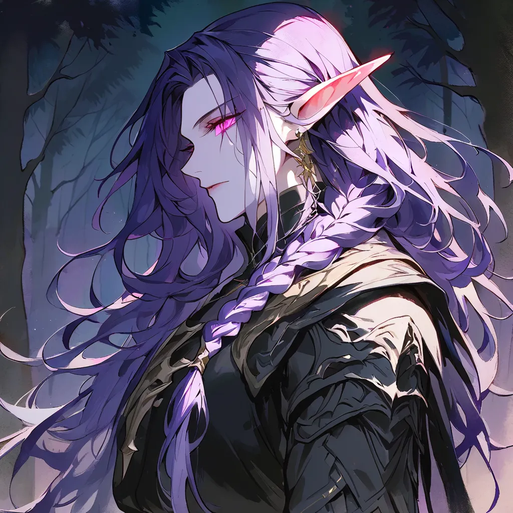 masterpiece, best quality, solo, handsome, 1 male, dark warrior clothing, purple hair, long hair, 1 braid, long hair styled in a braid, full bangs, pink eyes, pale skin, pointy ears, elf, 3/4 face angle, 3/4 body angle, serene expression, night setting, fo...