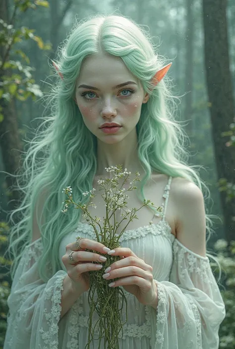 Create a character with long mint green hair,white eyes, pale skin,mark on the eye ,based on the. She has a long-distance mangrove in her hands.