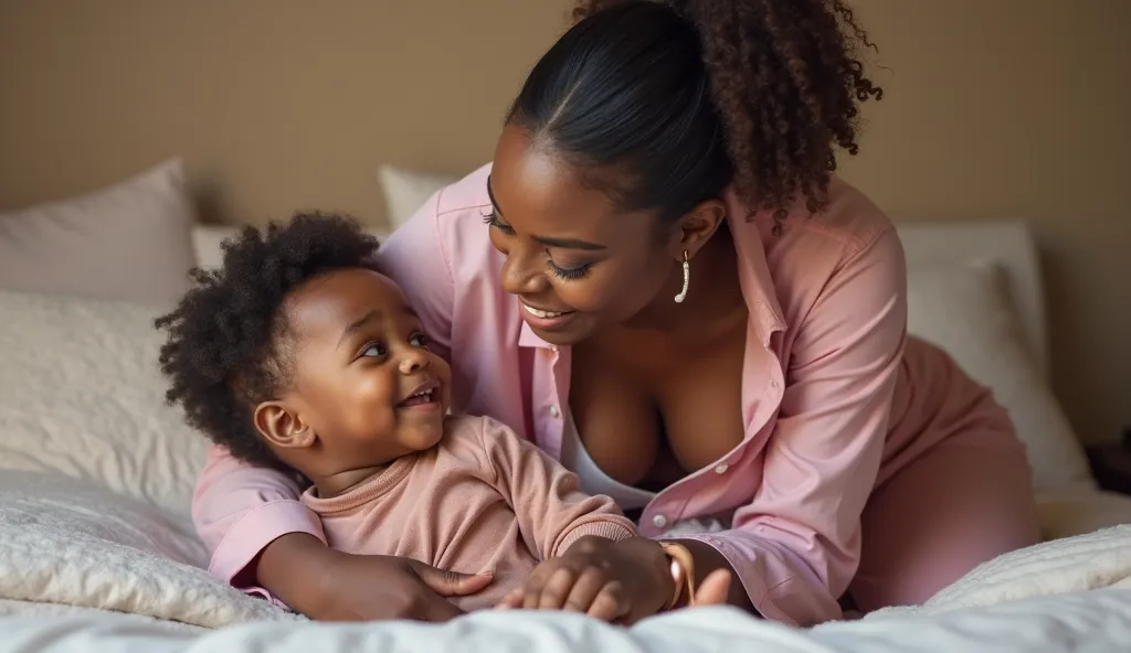 16:9 aspect ratio handsome shirt Nigerian boychild lying on the bed, his beautiful Nigerian mom in short fitted pink shirt and skirt is sitting on him, opening her shirt 