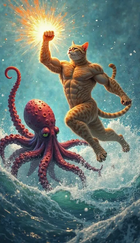 "The muscular cat dad leaps high into the air, his fists glowing with golden energy, preparing his ultimate move, Mega Muscle Meow Slam™. The octopus tries to counter with a Whirlpool Tentacle Strike, but the cat dad spins mid-air and smashes his fist down...