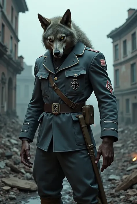 create me an SS Wehrmacht (!wolf furry!) Who has a sweet wound ma heart and !sad! !crying! But he still stands still with straight arms and legs