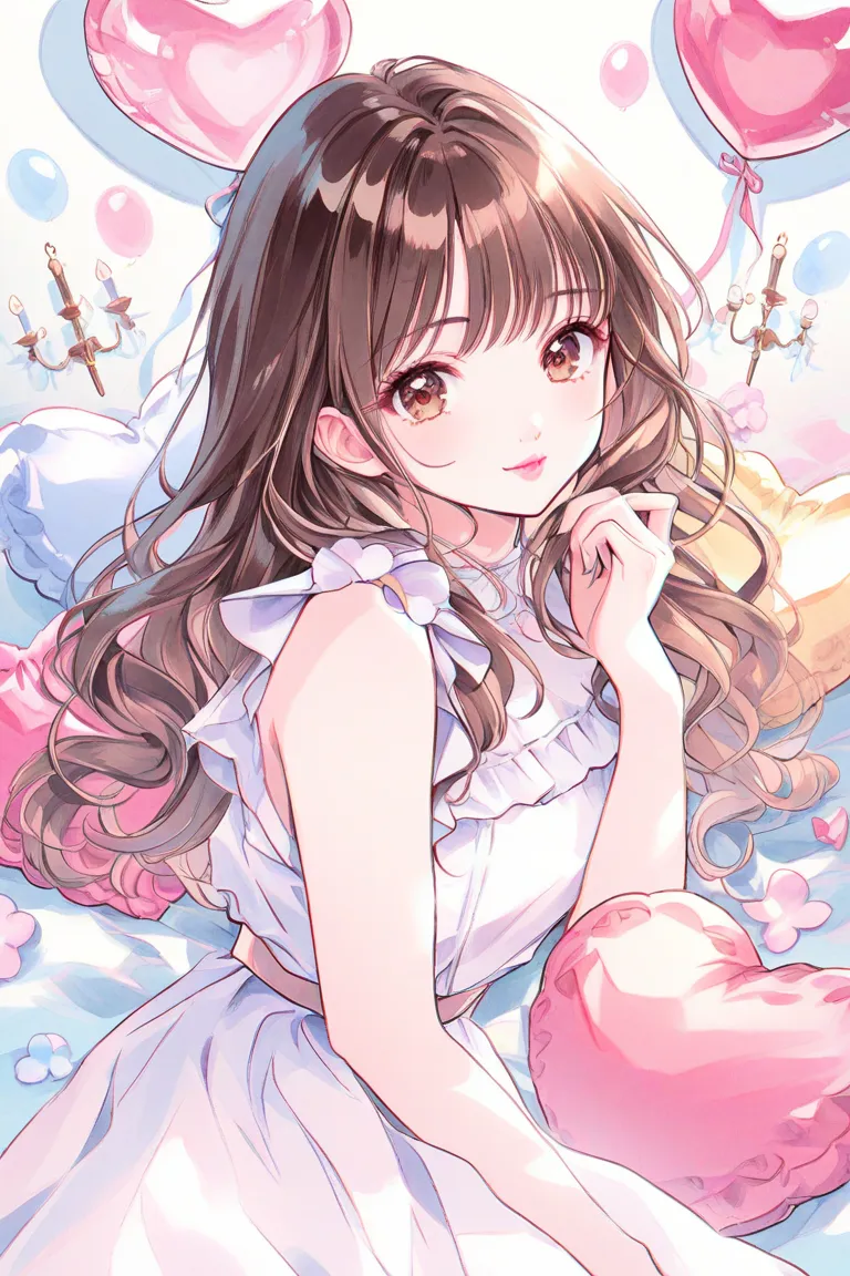 Cute girl、pastel colors、 white、watercolor、1 girl、 cute face 、 cute、Half Body、chandelier、heart cushion、heart balloon、Bronze Hair、 straight long、 brown eyes 、droopy eyes、eyelash、 white blouse、skirt、smile、pink cheeks、small lips、pink lips、 from afar、