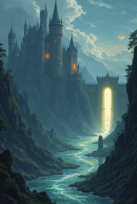 Fantasy world, dark kingdom castle, brightness, river, bright gate