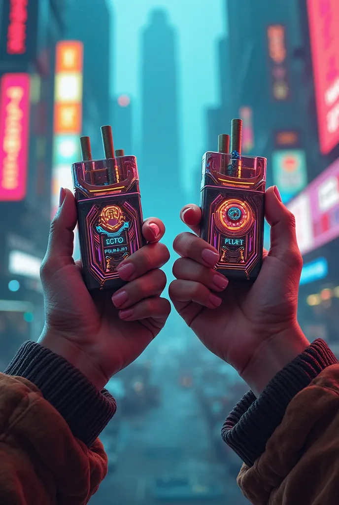 Young hands clutching two packs of cyberpunk-style cigarettes