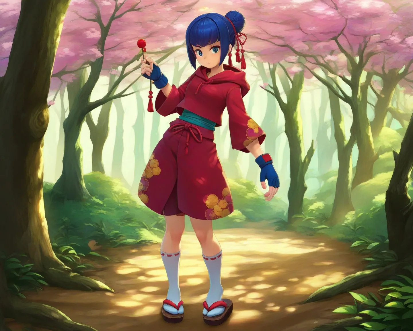 1girl, Bangs, dark blue hair one Hair Bun, a hoodie kunoichi 
Hoodie cherry blossom pattern long sleeve  fingerless gloves skirt  socks and sandals kung fu shorts  standing 