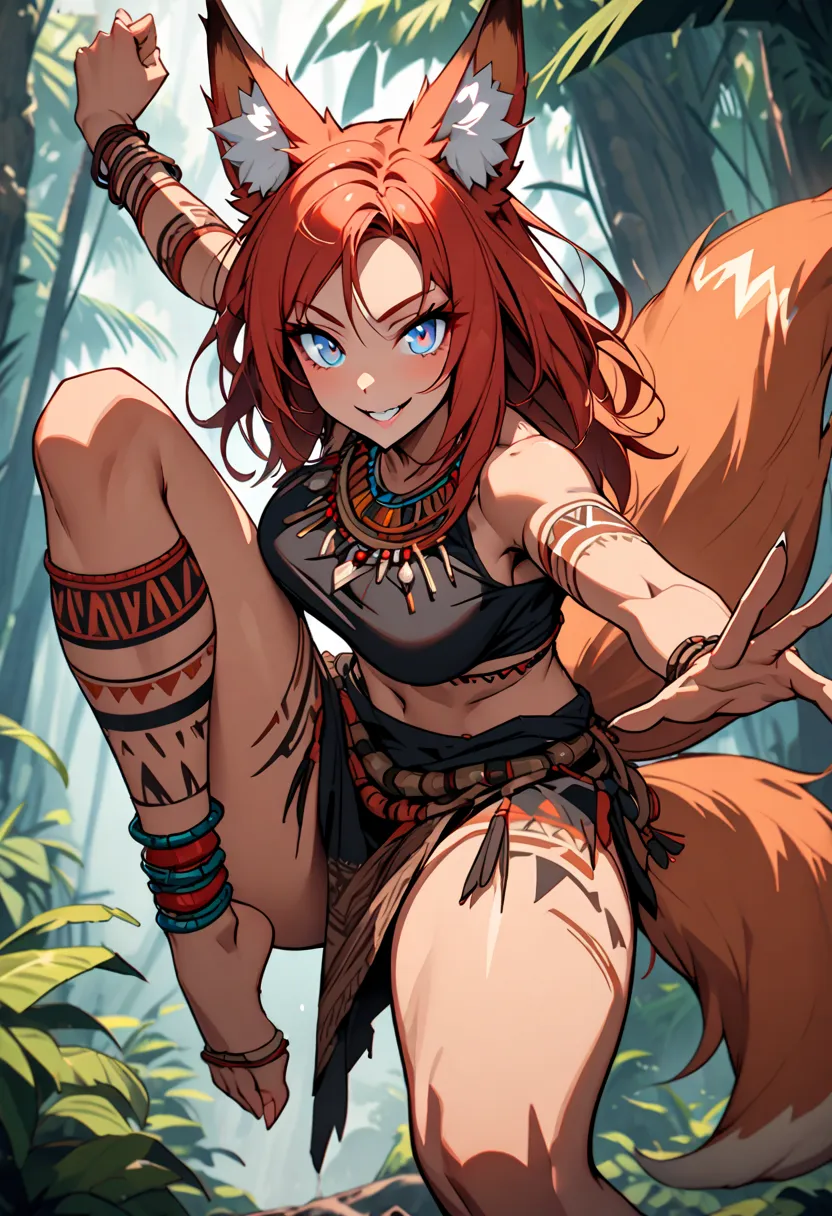 solo, female, close up, fox ears, reddish hair, light blue eyes, savage, monster girl, fox girl, makeshift worn clothes, ornaments, looking at viewer, jungle, smile, beautiful, savage, curvy, action pose, POV, dynamic, tribal, from side, jumping, knee up, ...