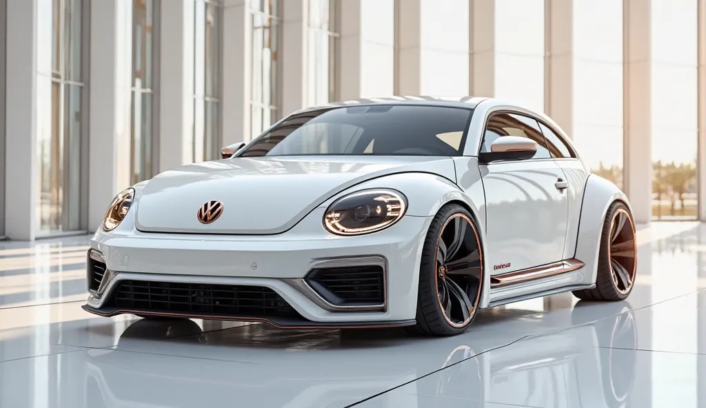 Centered side view of painted shiny white (copper-toned) )with shiny clour New (2025 Volkswagen beetle ) Officially sleek in large shape sedan in large size with ( 2025 Volkswagen beetle ) logo on its large detailed grille in Shiny white (copper-toned) clo...