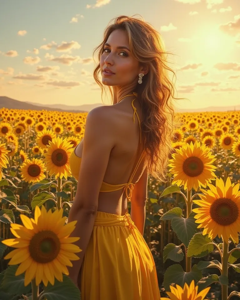 A fine art oil painting of a confident woman with radiant skin, HER BARE BODY standing gracefully in a vast sunflower field, the golden petals swaying in the warm breeze as the late afternoon sun bathes her in golden light.