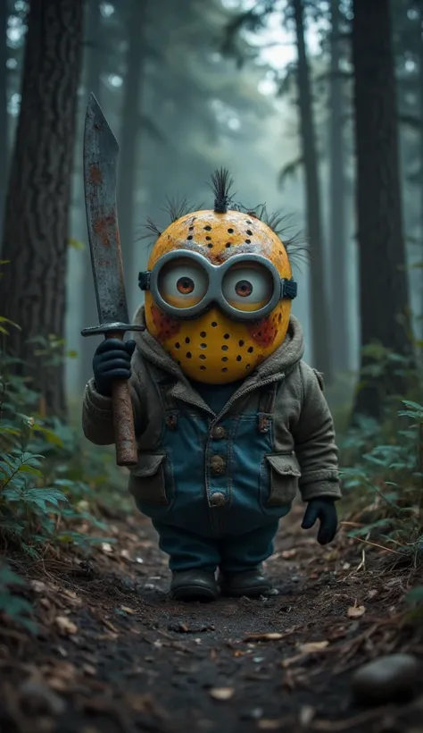 Minion Jason Voorhees (Friday the 13th – 1980)
➡️ A Minion wearing a mask, protecting a huge machete and walking slowly in the forest.