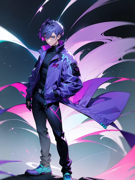 1male, Adult, Dark Purple Hair With Grey Colored Highlights, Two Toned Hair, Short Hair, Cyan Blue Eyes, Neon Purple Jacket, Night Time, Perfect Generation, Perfect Face, Standing On Path, Masculine 