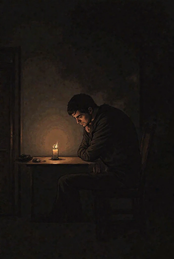 The scene opens with the protagonist sitting alone in a dimly lit room. A half-burned candle flickers on the table, casting shadows on the walls.