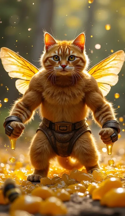 "The bodybuilder cat dad dodges a wave of venomous bee stings, rolling to the side before delivering a Super Meow Punch™ straight at the bee queen’s armored chest. She blocks with her wings, but the force sends her flying backward! The queen then retaliate...