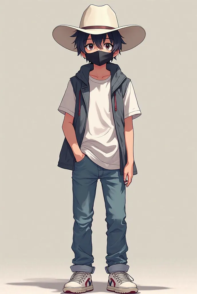 Cute anime style male character ,white cowboy hat black mouth mask