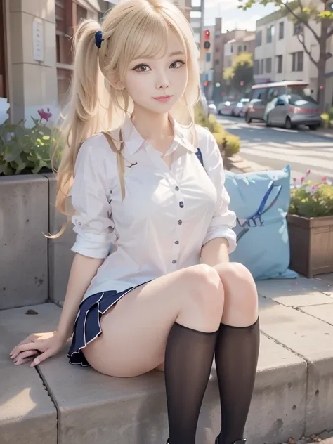 masterpiece, anatomically correct, Hi-Res, Ultra High Definition。 1 beautiful girl。Short and baby-faced。they have big breasts and beautiful legs。Has blond hair。Has twin tails。wearing school uniforms at school checkups。white shirt、navy blue mini skirt、Black...