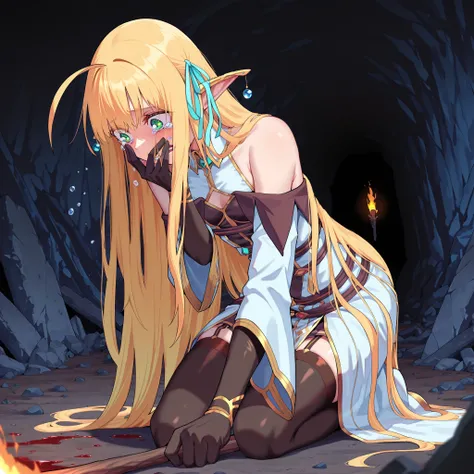 masterpiece, best quality, amazing quality, very aesthetic, absurdres, newest, 1girl, solo girl, dark cave, rubble, stones, blood, kneeling, torch on ground, tears on ground, close up, small puddle on ground,     BREAK Tia, elf, blonde hair, long hair, aho...