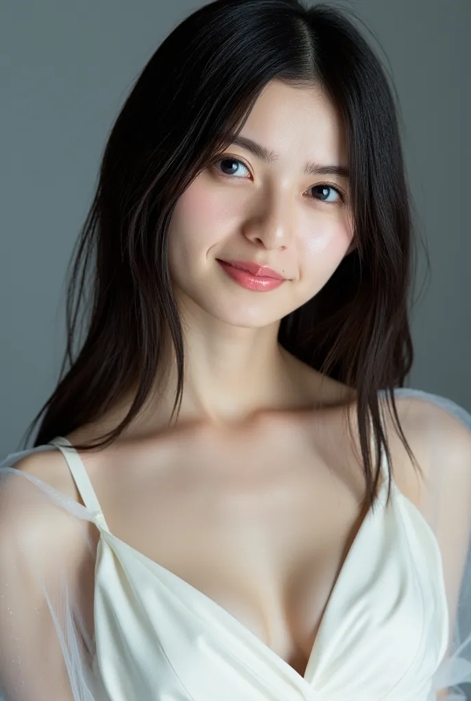 face close-up, High Angle, * This image、This is a portrait of a slender, petite young woman posing for a photo. she's short,  snowy skin ,  thin shoulders. She is smiling at the camera. She has black, long, straight hair, and , in a transparent white silk ...